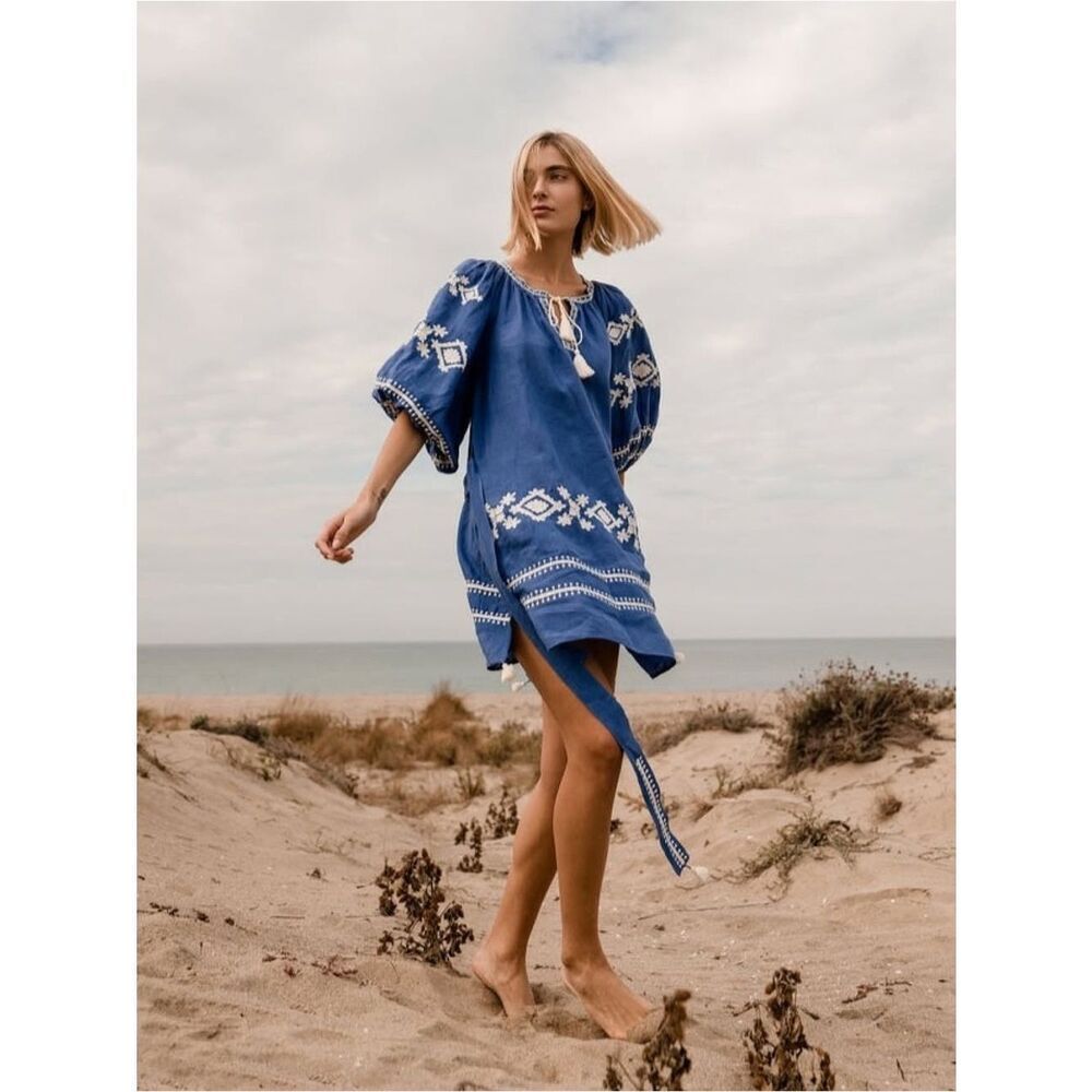 Benaras by Citrus Dress Women's Blue Puffed Sleeves Embroidered Boho Tassel Sz S